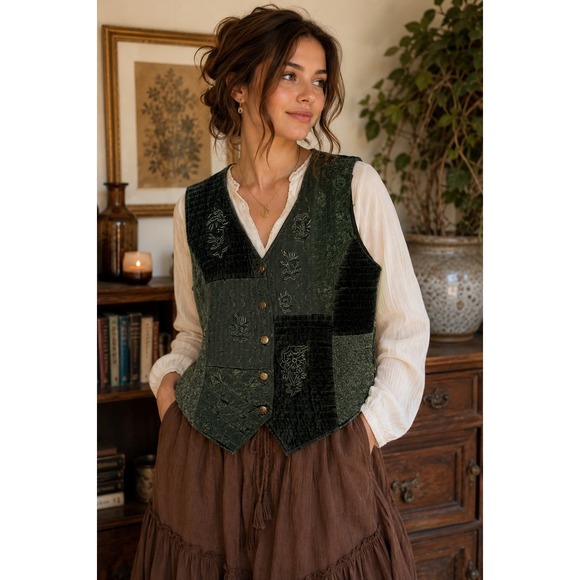 White Stag Jackets & Blazers - Vintage Patchwork Tapestry Vest Embroidered Velvet Boho Cottagecore L 12/14